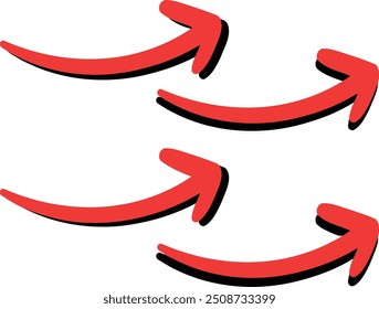Cuatro flechas rojas apuntando a la derecha, dos curvas, dos rectas. Ideal para ilustrar el crecimiento, la progresión, la dirección y el éxito en varios diseños.