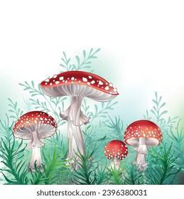 Four red, artistically drawn, beautiful fly agaric on forest green background with bolt plants and green moss. Red fly agaric. Mushroomcore. Hand drawn vector art.
