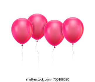 Four red balls in row. Flying balloons in a chain with threads. Vector illustration isolated on white background