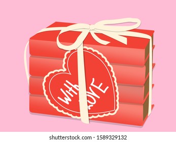 Four red books are wrapped in white ribbon with bow and greeting card.