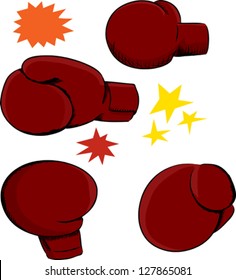 Four red boxing gloves with effects over white background