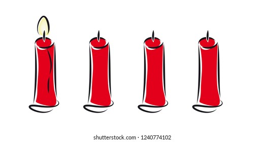 cuatro velas rojas con fondo blanco y llama