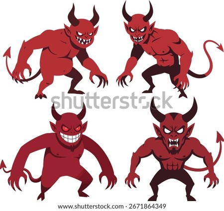 Four red cartoon devils with horns, sharp claws, and menacing expressions, each with a tail.
