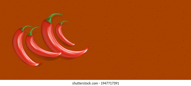 Four red chili peppers flat lay on a brown horizontal background with space for text. Vector red chili peppers
