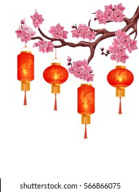 Four red Chinese lanterns on a branch of cherry with pink flowers. Isolated on white background. Vector illustration