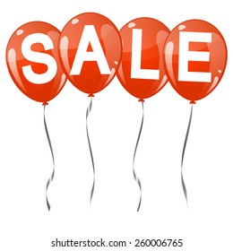 four red colored flying balloons with text SALE