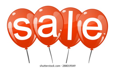 four red colored flying balloons with text SALE