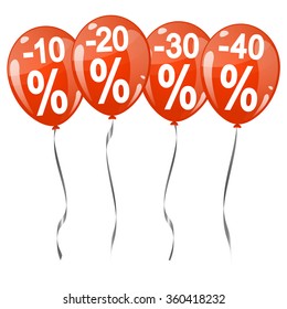 four red colored flying balloons with percentage signs