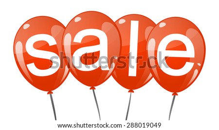 four red colored flying balloons with text SALE