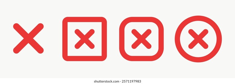 Four red cross icons in different shapes: square, rounded square, and circle. Red cross design repeated in various forms. Simple red cross symbols. Vector element set.