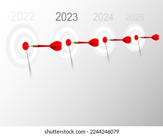 Four Red dart hit to center of dartboard with year number. Arrow on bullseye in target. Business success, investment goal, marketing challenge, financial strategy, purpose achievement, ideas concept