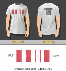 Four red doors on shirt. Vector design.