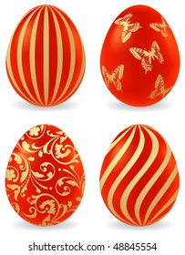Four red easter eggs with different patterns. Vector illustration, isolated on a white