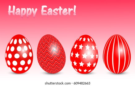 Four red easter eggs with patterns on a red background