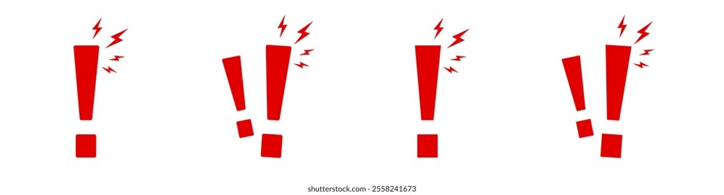 Four red exclamation marks aligned in a row, each with a dynamic lightning bolt symbol.