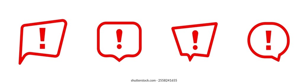 Four red exclamation marks inside different shaped speech bubbles. each shape distinct.