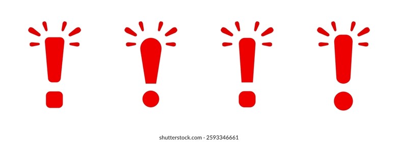 Four red exclamation marks are lined up in a row, each with lines at the top suggesting emphasis or alert.