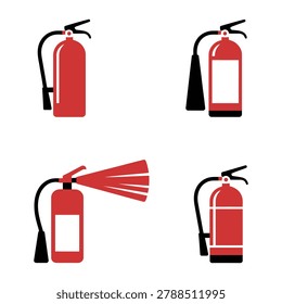 Four red fire extinguishers in different positions and uses on white background