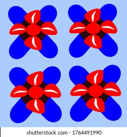 
four red flowers close together that have four petals in the middle of the petal there is a vertical white line and below it there is a black level and two blue rectangles that cross each other