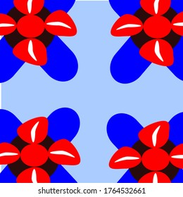four red flowers in the corners that have red four petals with white lines and black circles and two rectangles that cross, blue concept design