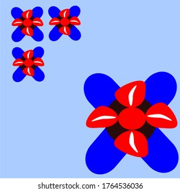 four red flowers where three are at corners that have four red petals and there are vertical white lines and black circles and two rectangles that cross blue