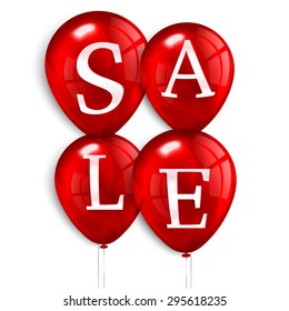 Four red flying party balloons with text SALE.