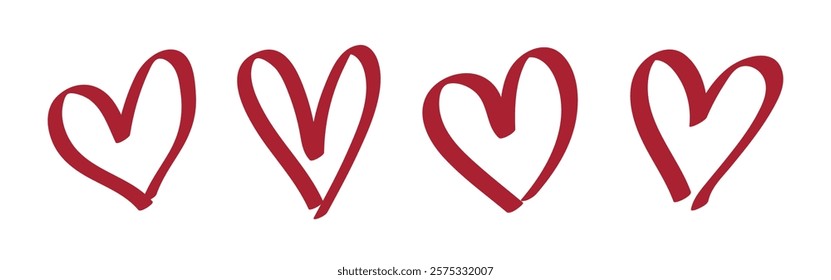 Four red hand-drawn hearts in a row. Simple heart shapes, red hearts, hand-drawn style. Heart illustrations, red heart designs, hand-drawn hearts. Valentine's element vector set.