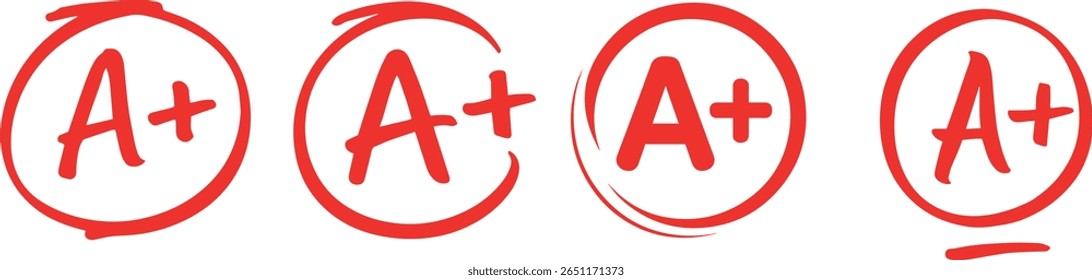 Four red handwritten "A+" grades are displayed against a white background, each enclosed in a red circle. The grades represent academic excellence and achievement.