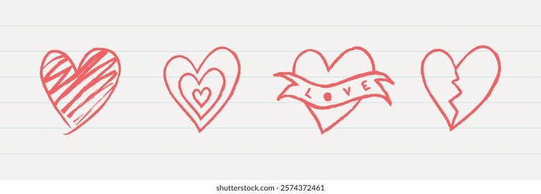 Four red heart doodles: striped heart, layered hearts, heart with 'love' banner, Red hearts, doodles, heart designs. Cute hand drawn love doodle, element set. Vectors.