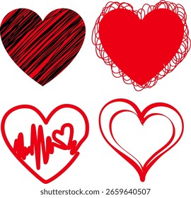 four red heart illustrations in different artistic styles: scribbled, surrounded by loops, outlined with a heartbeat, and a double line abstract heart.