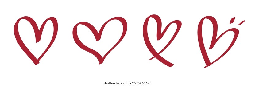 Four red heart illustrations, each heart unique. Heart shapes vary, showcasing different heart designs. Valentine's element vector set.
