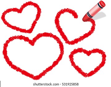 Four red heart shapes drew with a red crayon.