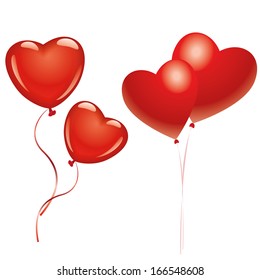 four red hearts as balloons in white background