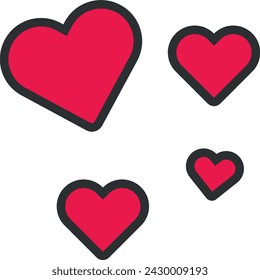 Four red hearts outlined in black, varying in size, isolated on a white background.