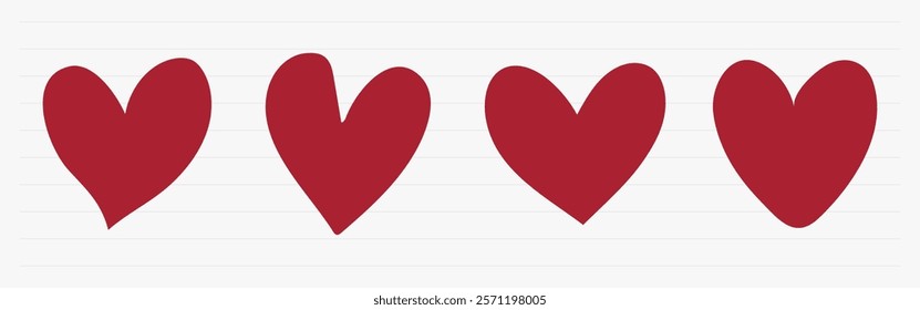 Four red hearts in a row on a light background. Red hearts aligned. Simple red heart design. Heart shapes repeated in a straight line. Valentine's element vector set.