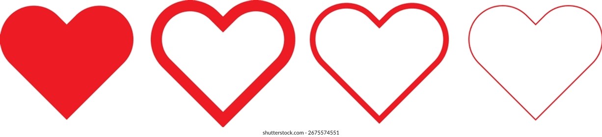 Cuatro corazones rojos seguidos, uno sólido, tres delineados
Una representación visual de cuatro iconos de corazón rojo, comenzando con un corazón completamente coloreado y seguido de contornos de grosor decreciente, 