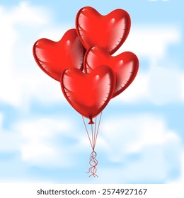 four red heart-shaped balloons floating in front of a bright sky background
