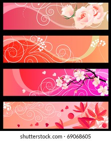 Four red horizontal floral banners with hearts