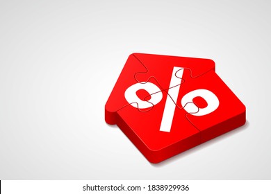 Four Red Jigsaw Puzzles Are Combined Together And Shaped Like House Icon With White Percent Sign Inside. Concept Of Real Estate Purchase Or House Building On Credit, Housing Loan