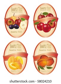 Cuatro etiquetas rojas con diferentes tipos de fruta. Vector.