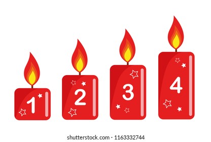 four red lighted advent candle white background numbers vector illustration EPS10