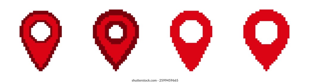 Four red location pins in pixel art style depict simple digital design elements in varying sizes.