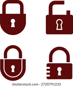 Cuatro cerraduras rojas con diferentes estados y candado de seguridad