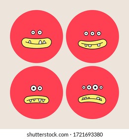 Four red Monsters. Round Face Avatars. Various expressions, emotions. Hand drawn Vector Set. Trendy illustration. Cartoon style. Simple flat design for kids. Every face is isolated