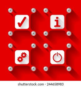 Four red  objects with screws and icons