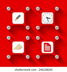 Four red  objects with screws and icons