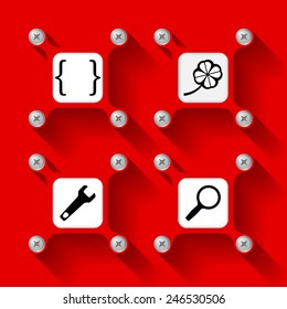 Four red  objects with screws and icons