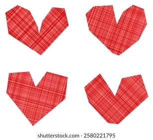 Four red origami-style plaid hearts arranged on a clean white background. Perfect for Valentine's Day, love, and craft-themed designs.