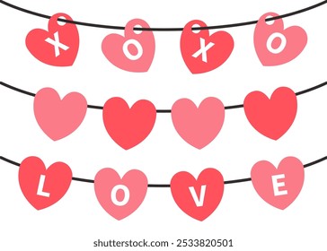 Four red pink heart set hanging garland. XOXO, LOVE. Happy Valentines Day greeting card, invitation, banner template. Love sticker. Hearts decoration. Romantic icon Flat design White background Vector