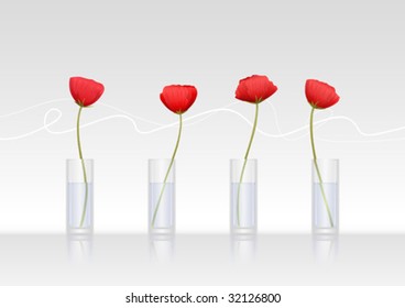 Four red poppy-flowers in glass vases (vector image)